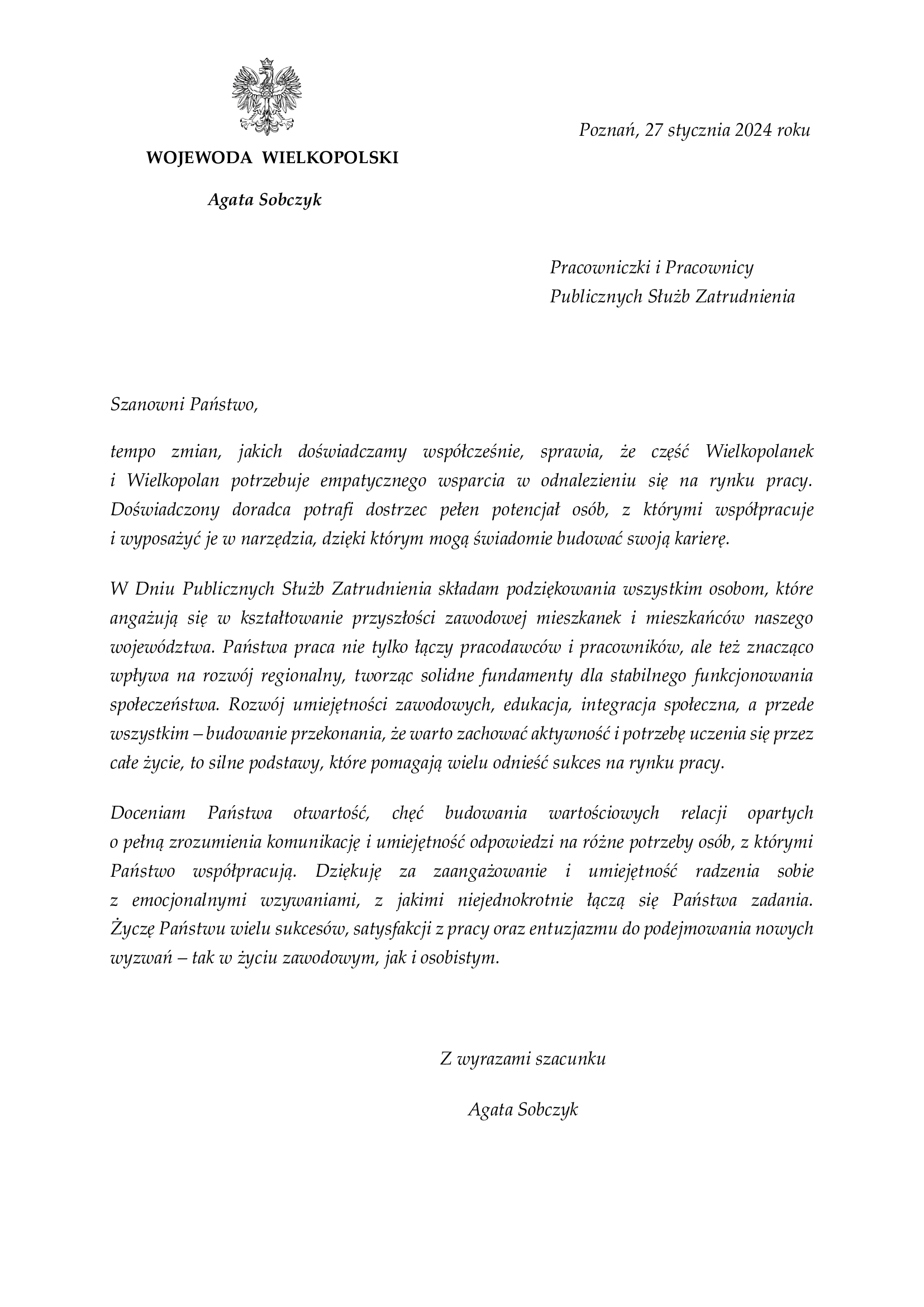 List wojewody wielkopolskiej z okazji Dnia Publicznych Służb Zatrudnienia