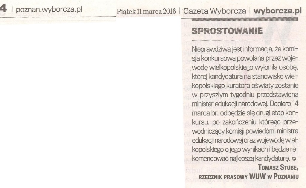 Sprostowanie artykułu Gazety Wyborczej pt. "Nowa stara kurator oświaty".