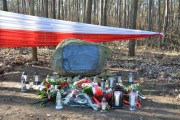 Pamiątkowy głaz z tablicą poświęcony Kasznicy na tle biało-czerwonej wstęgi. 