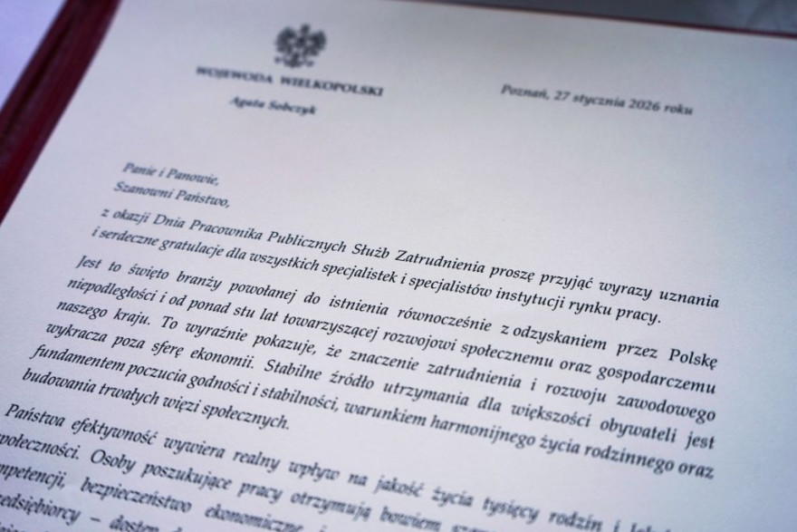 List Wojewody Wielkopolskiej Agaty Sobczyk z okazji Dnia Pracownika Publicznych Służb Zatrudnienia