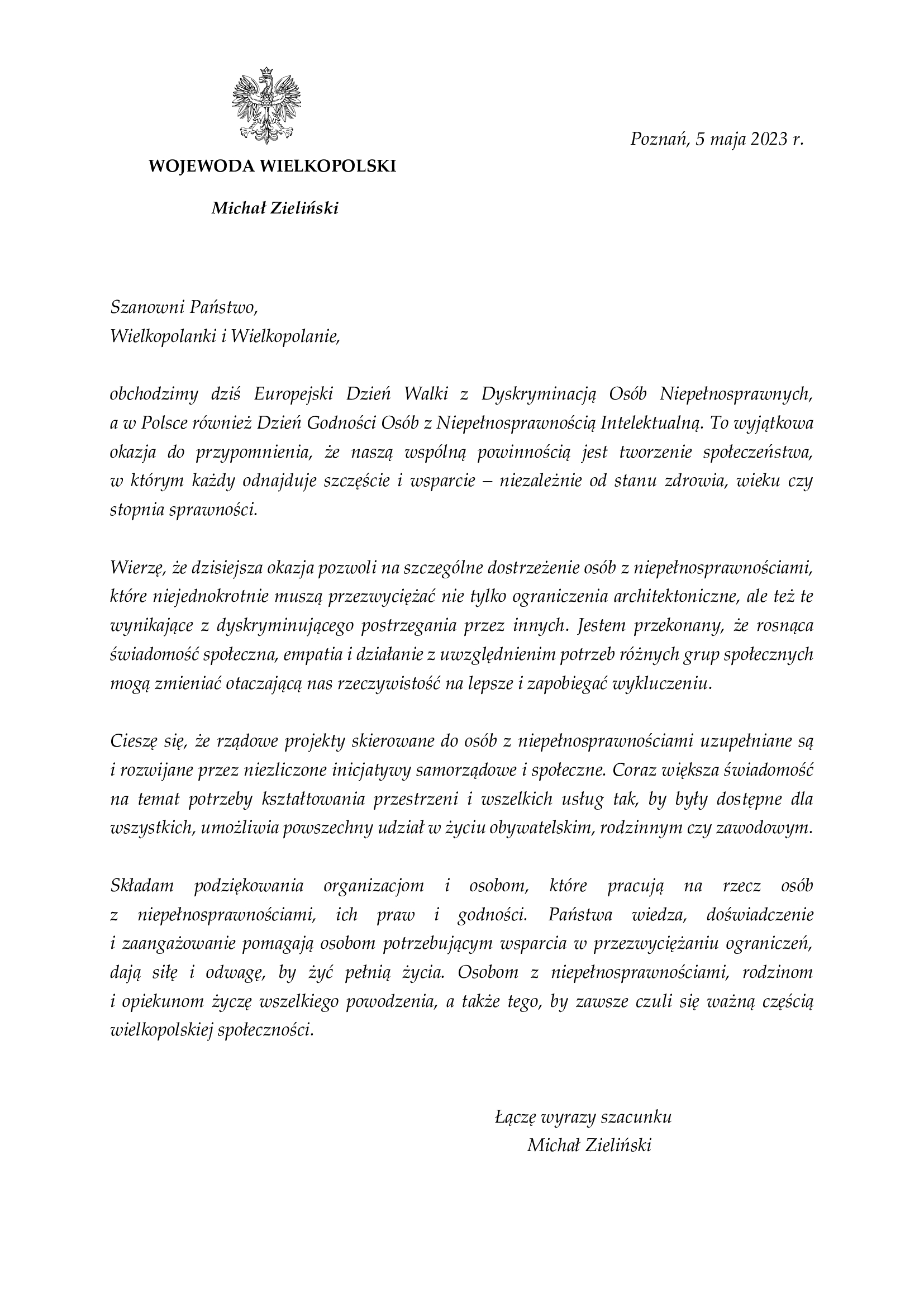 List wojewody z okazji Narodowego Dnia Godności osób z niepełnosprawnością intelektualną.