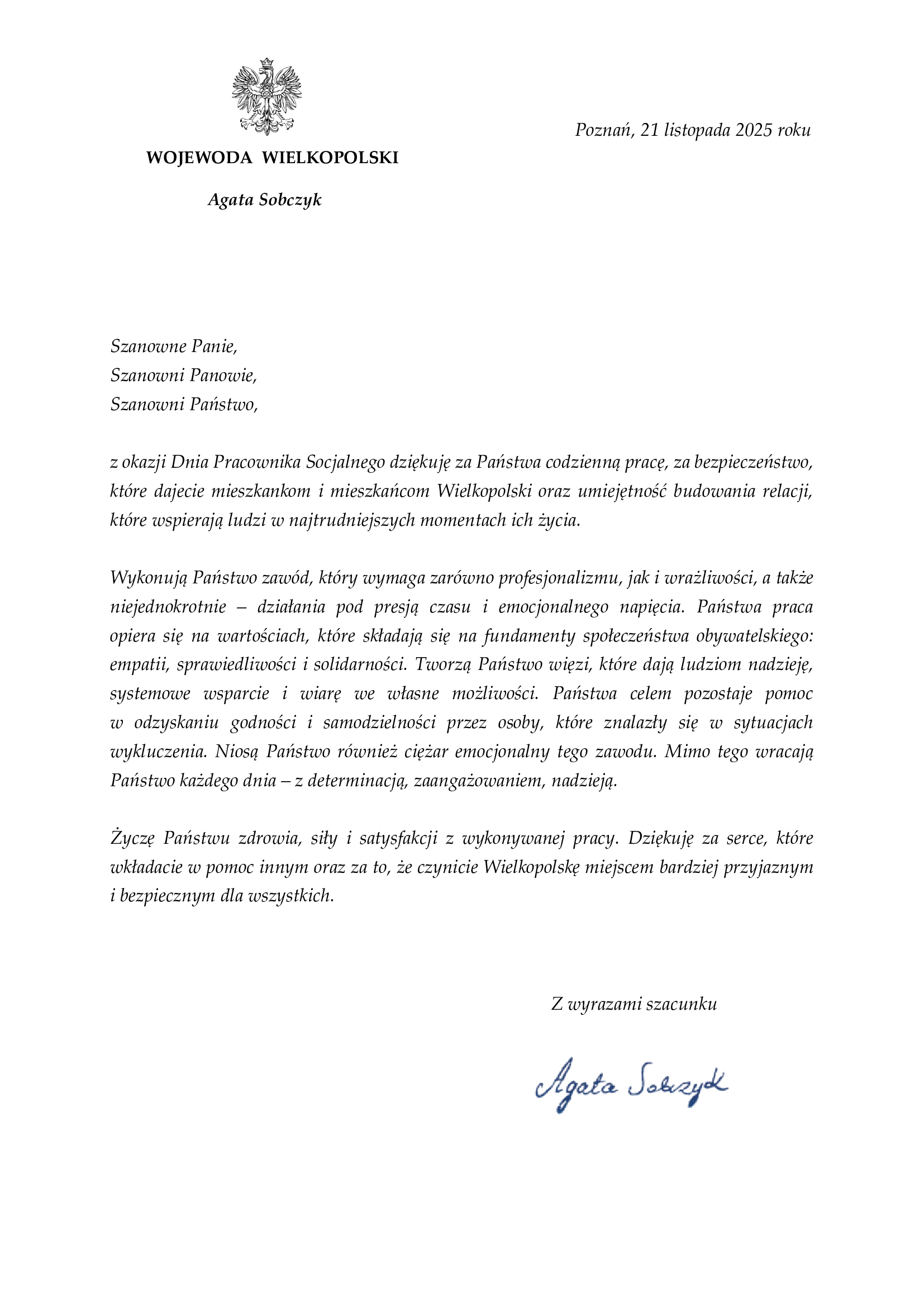 List wojewody z okazji Dnia Pracownika Socjalnego
