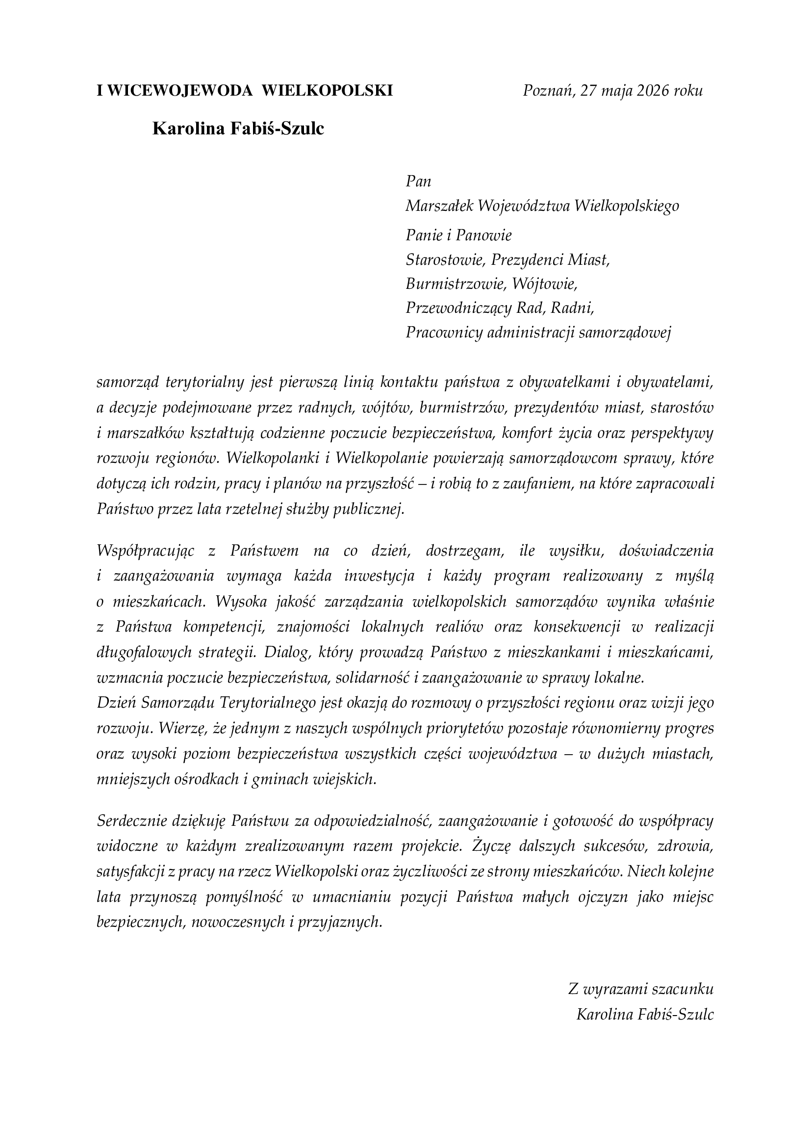 list z życzeniami z okazji Dnia Samorządu Terytorialnego
