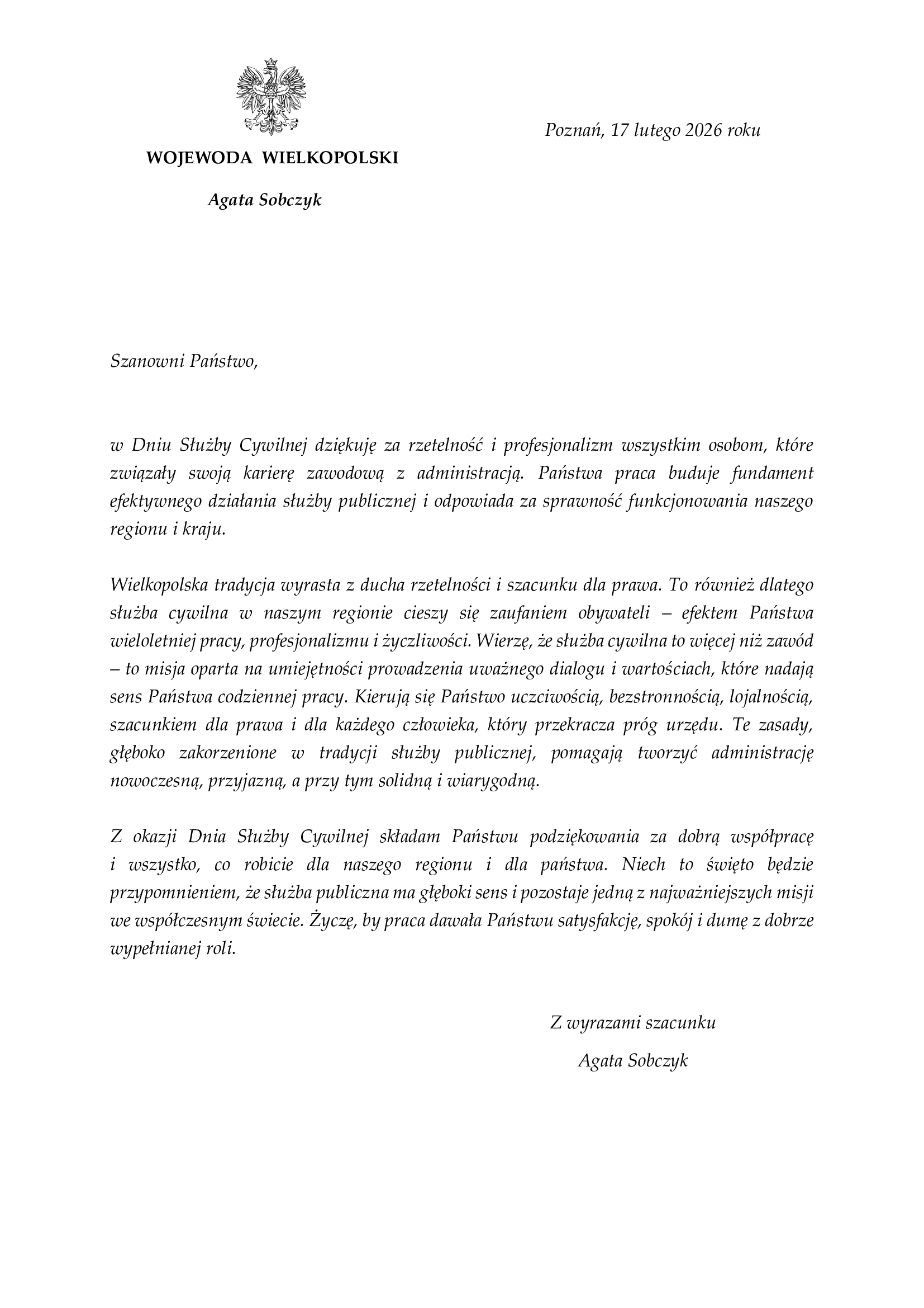 List Wojewody Wielkopolskiej Agaty Sobczyk z okazji Dnia Służby Cywilnej