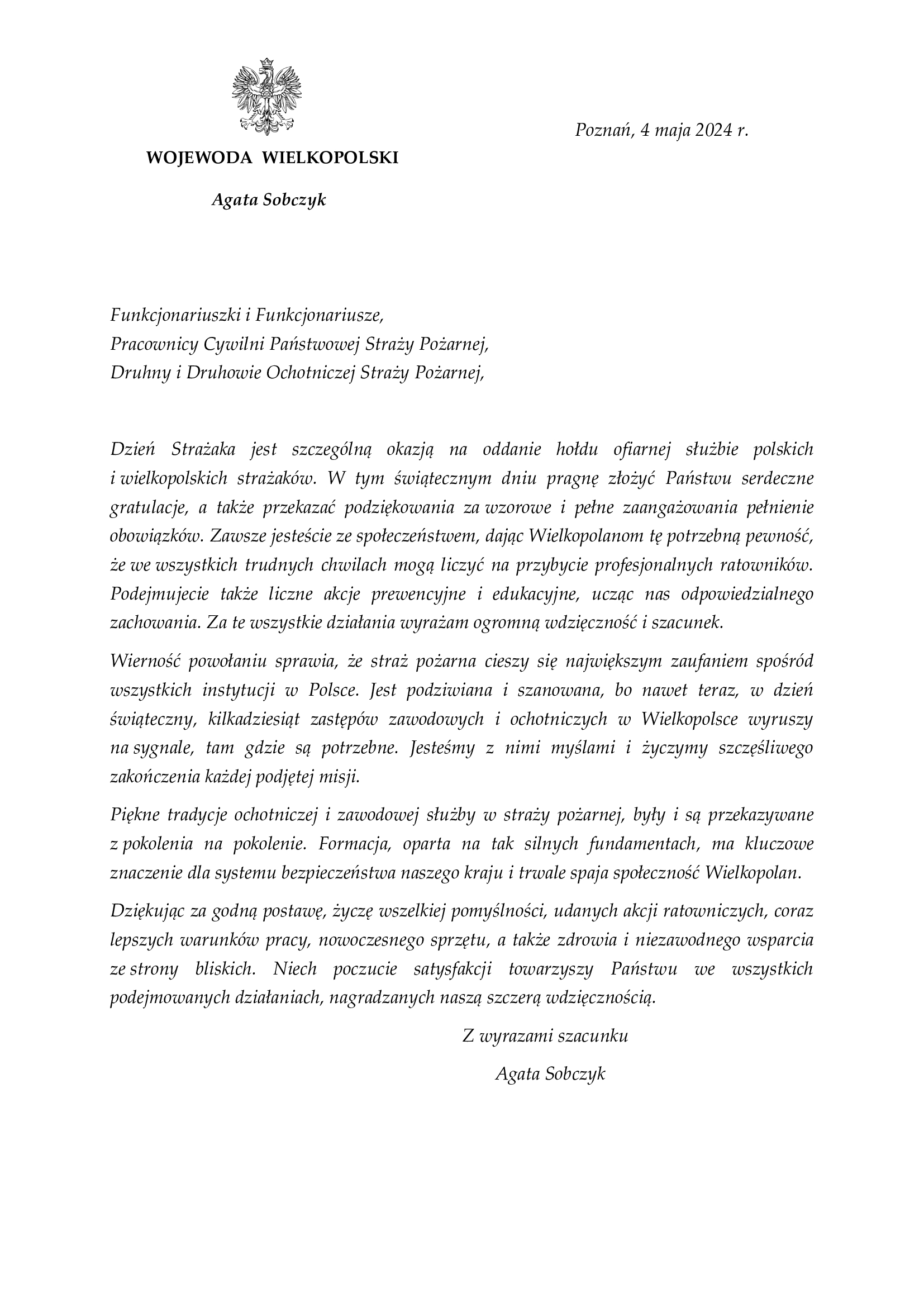 List wojewody wielkopolskiej z okazji Dnia Strażaka