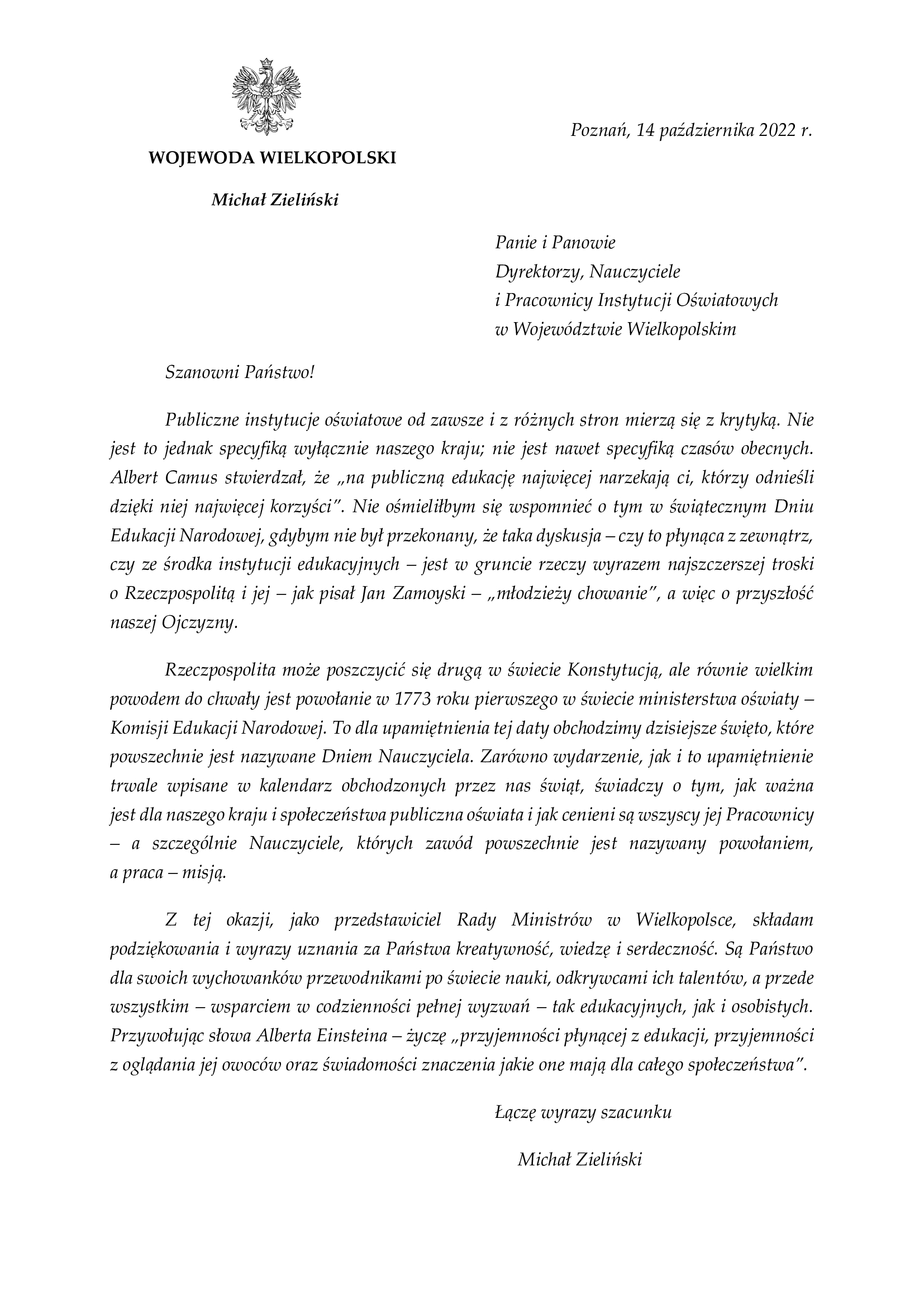 list z życzeniami z okazji Dnia Edukacji Narodowej