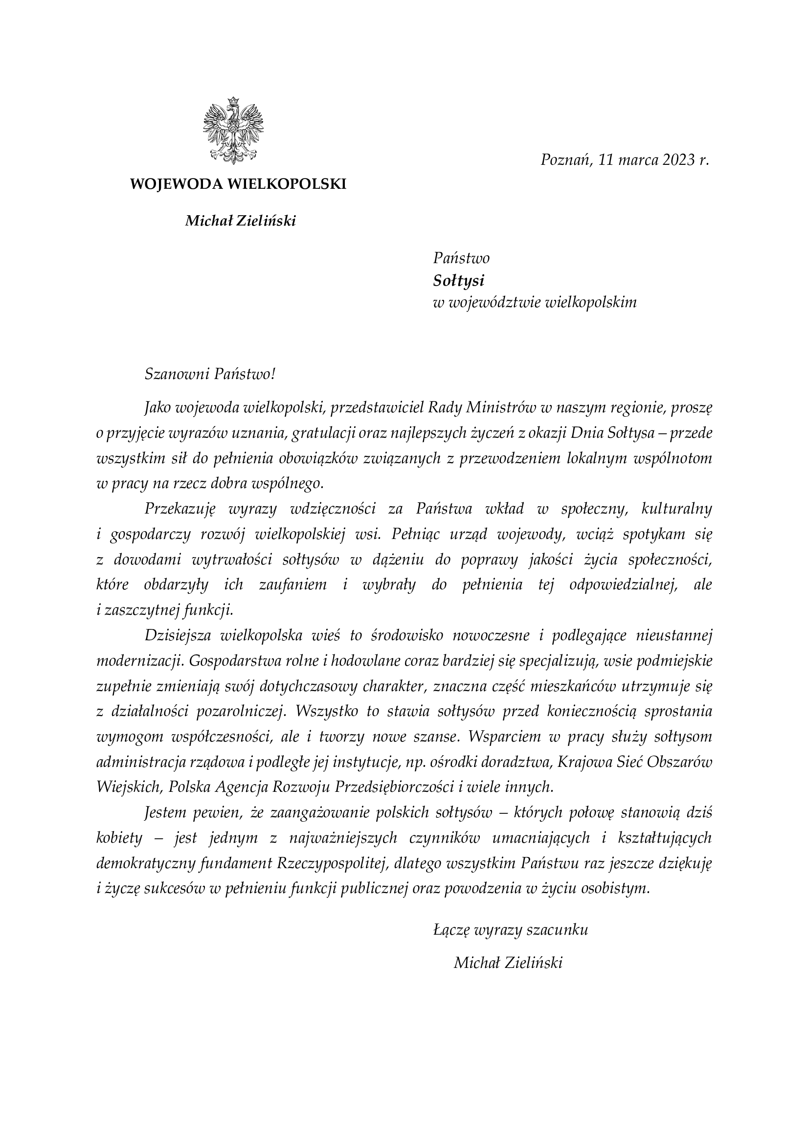 List z okazji Dnia Sołtysa