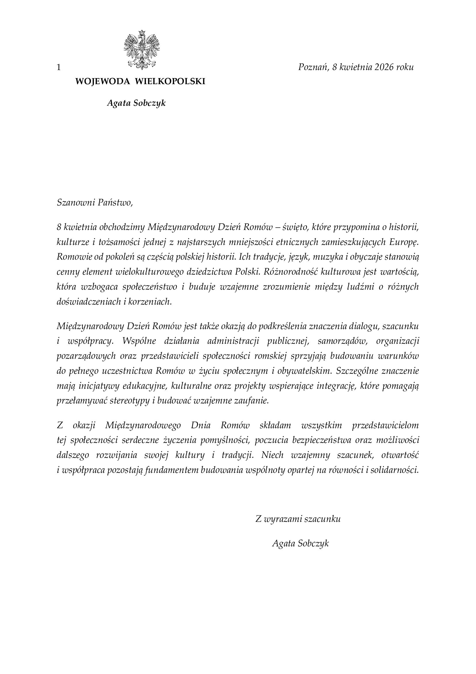 List Wojewody Wielkopolskiej Agaty Sobczyk z okazji Międzynarodowego Dnia Romów