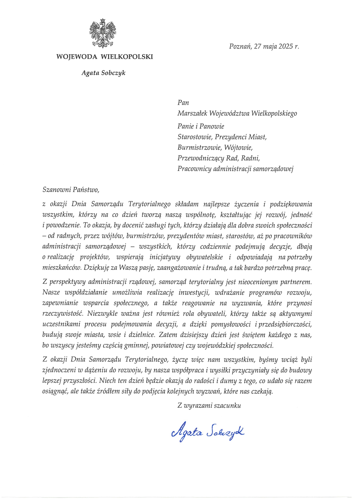 list z okazji Dnia Samorządu Terytorialnego