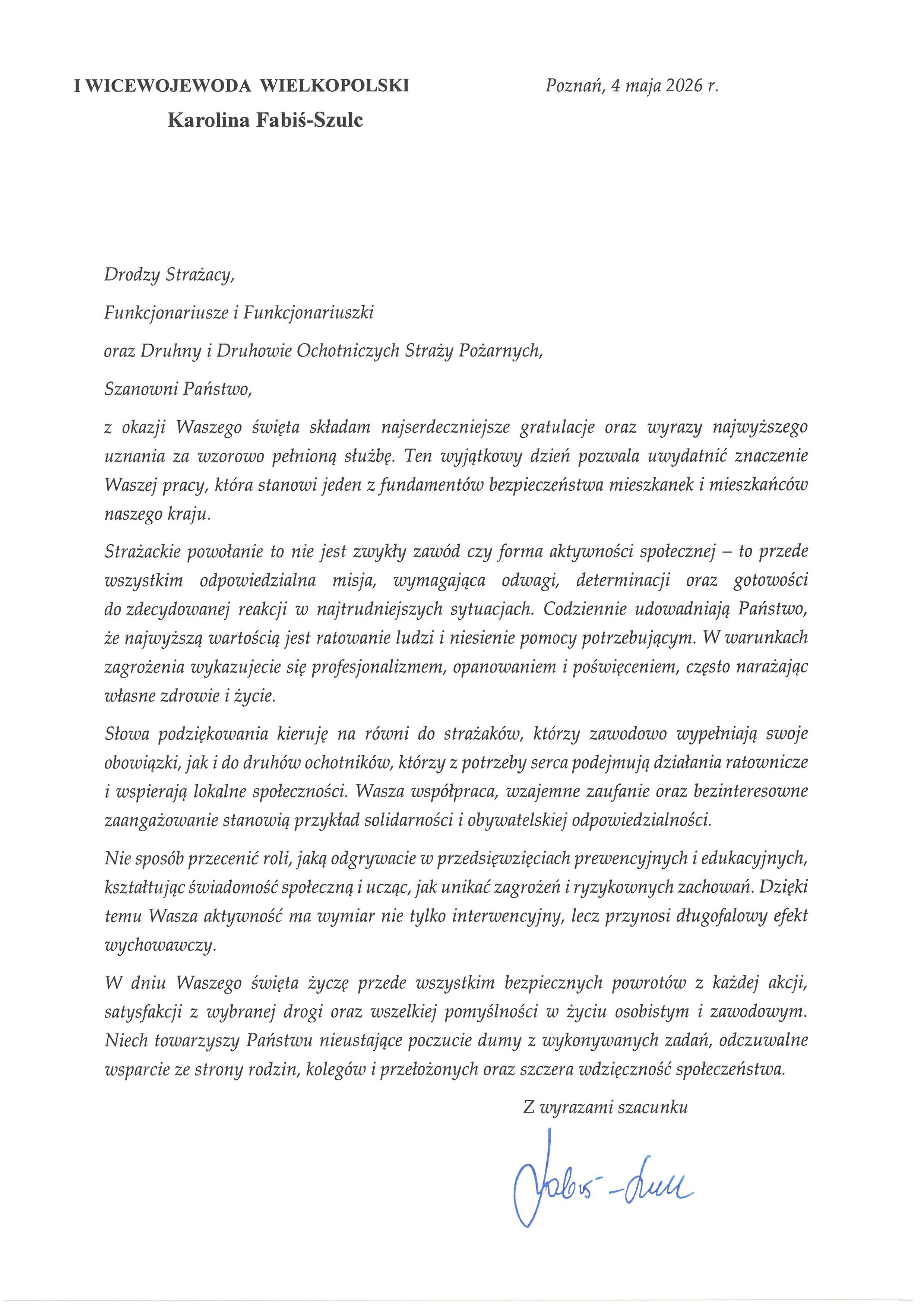 list z okazji Dnia Strażaka